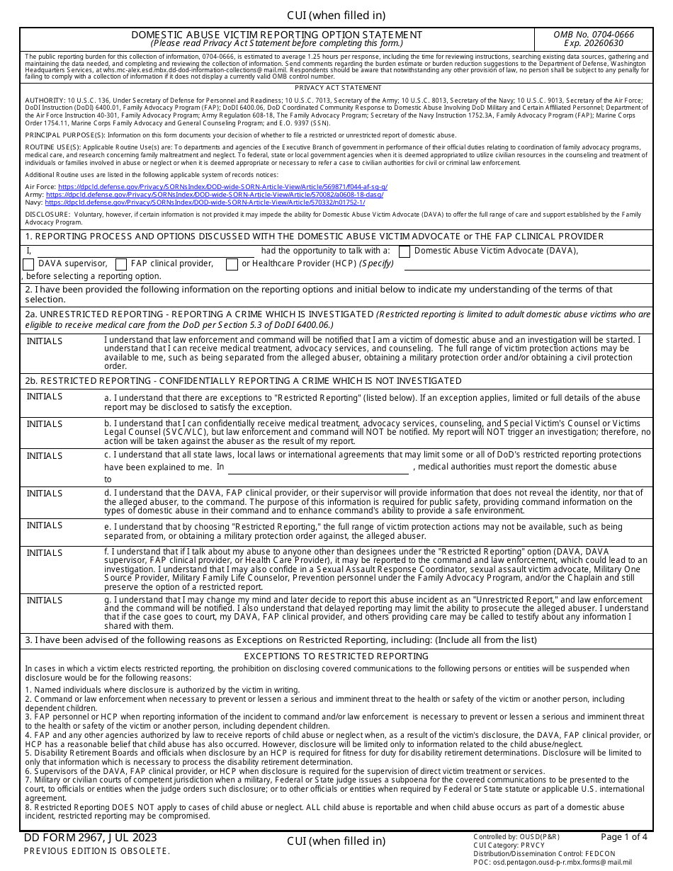 DD Form 2967 Domestic Abuse Victim Reporting Option Statement, Page 1