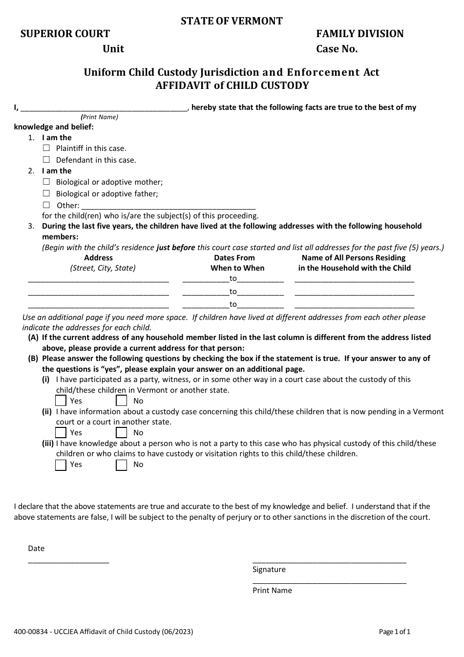 Form 400-00834 Uniform Child Custody Jurisdiction and Enforcement Act Affidavit of Child Custody - Vermont, Page 1
