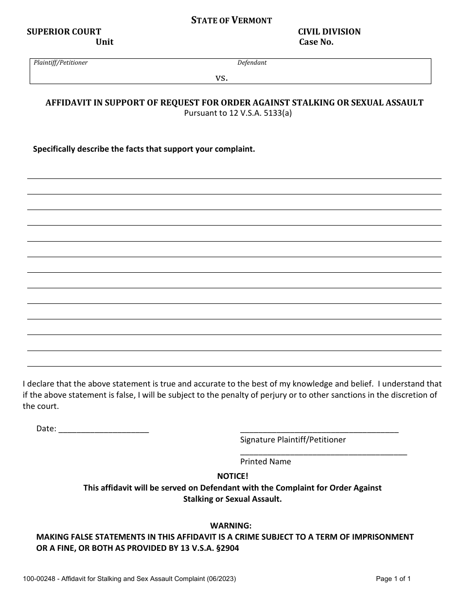 Form 100-00248 Affidavit in Support of Request for Order Against Stalking or Sexual Assault - Vermont, Page 1