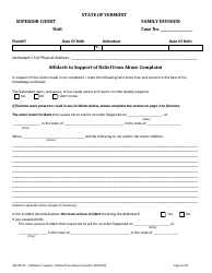 Document preview: Form 400-00151 Affidavit in Support of Relief From Abuse Complaint - Vermont