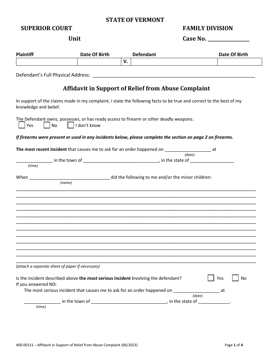 Form 400-00151 Affidavit in Support of Relief From Abuse Complaint - Vermont, Page 1