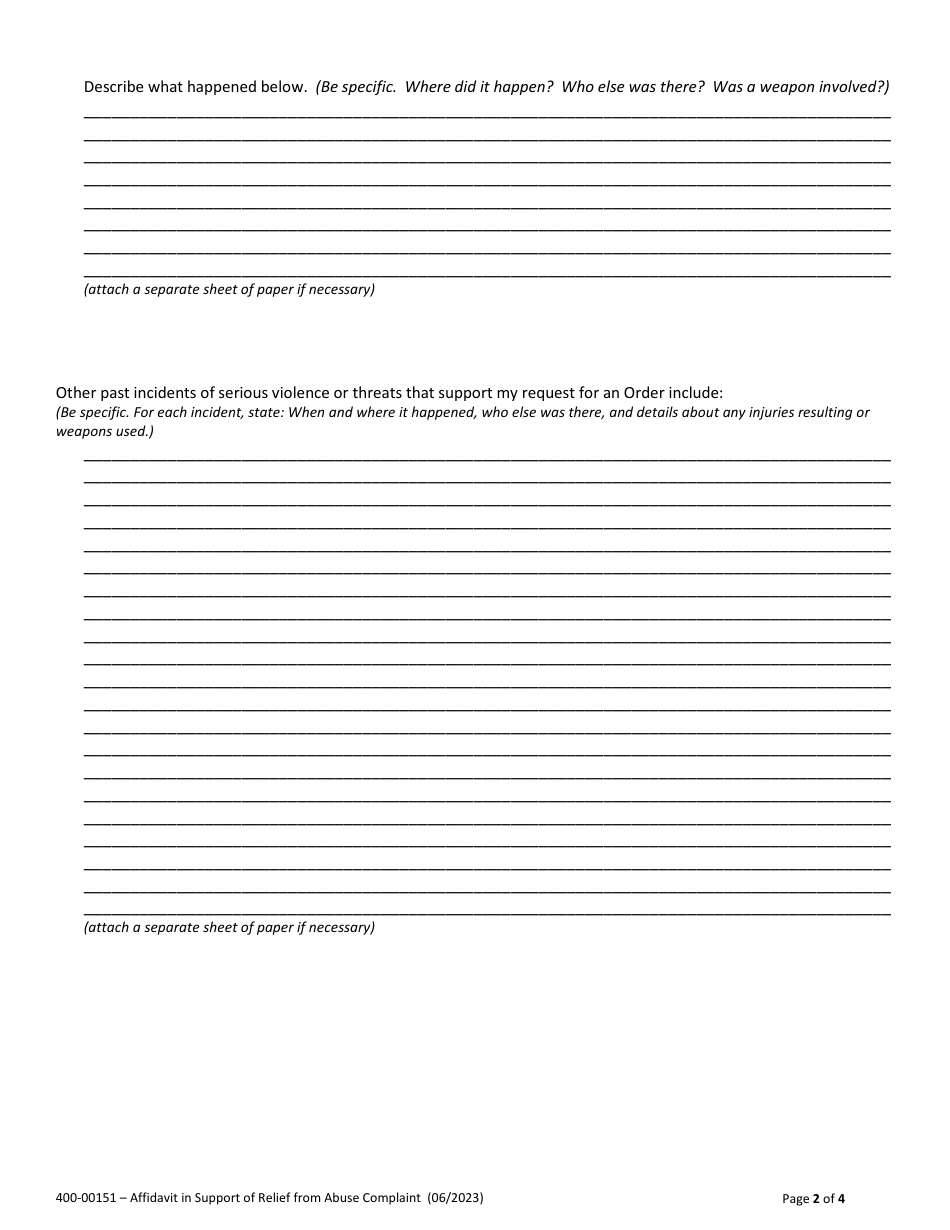 Form 400-00151 Affidavit in Support of Relief From Abuse Complaint - Vermont, Page 2