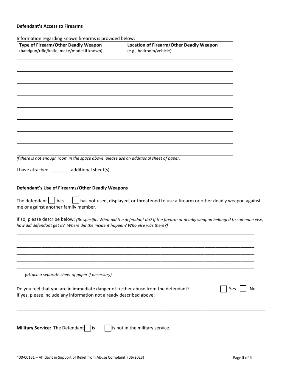Form 400-00151 Affidavit in Support of Relief From Abuse Complaint - Vermont, Page 3