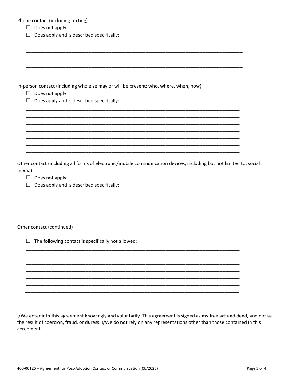 Form 400-00126 Agreement for Post-adoption Contact or Communication - Vermont, Page 3