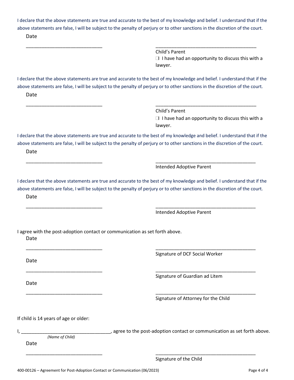 Form 400-00126 Agreement for Post-adoption Contact or Communication - Vermont, Page 4