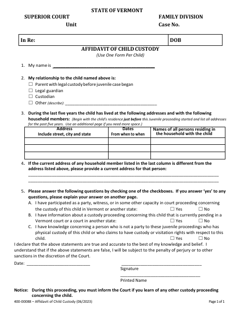 Form 400-00088 Affidavitof Child Custody - Vermont
