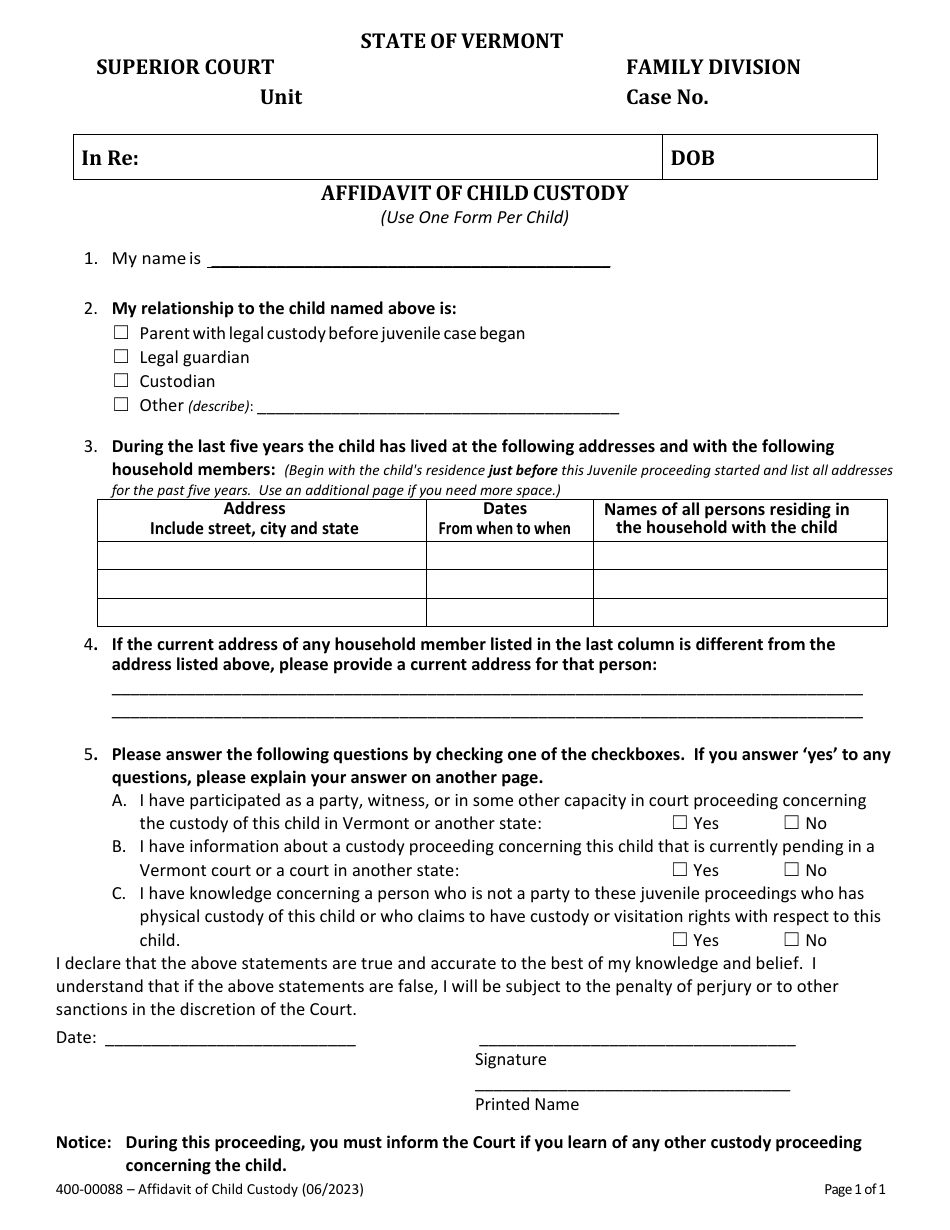 Form 400-00088 Affidavitof Child Custody - Vermont, Page 1