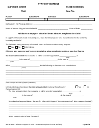 Form 400-00151M Affidavit in Support of Relief From Abuse Complaint for Child - Vermont