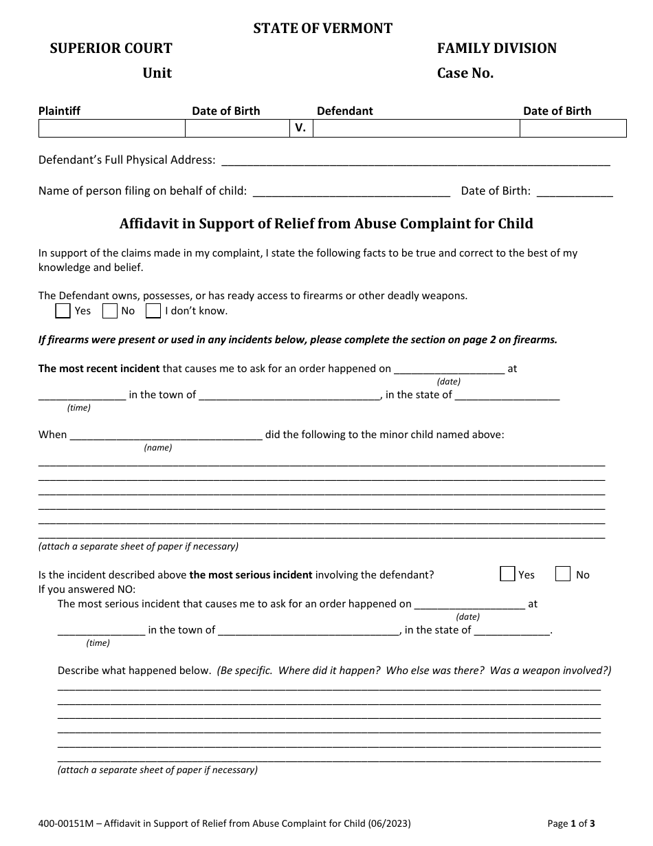 Form 400-00151M Affidavit in Support of Relief From Abuse Complaint for Child - Vermont, Page 1