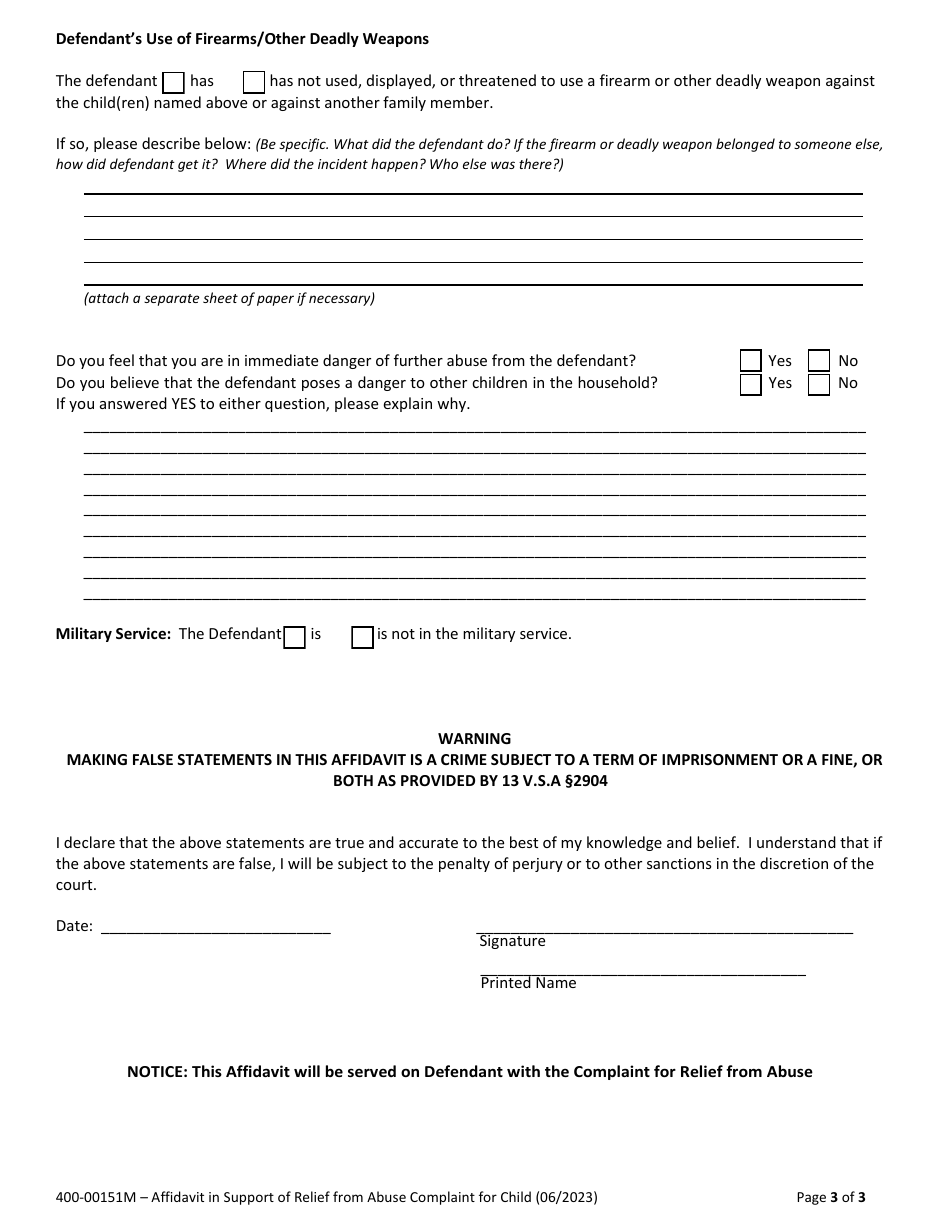 Form 400-00151M Affidavit in Support of Relief From Abuse Complaint for Child - Vermont, Page 3
