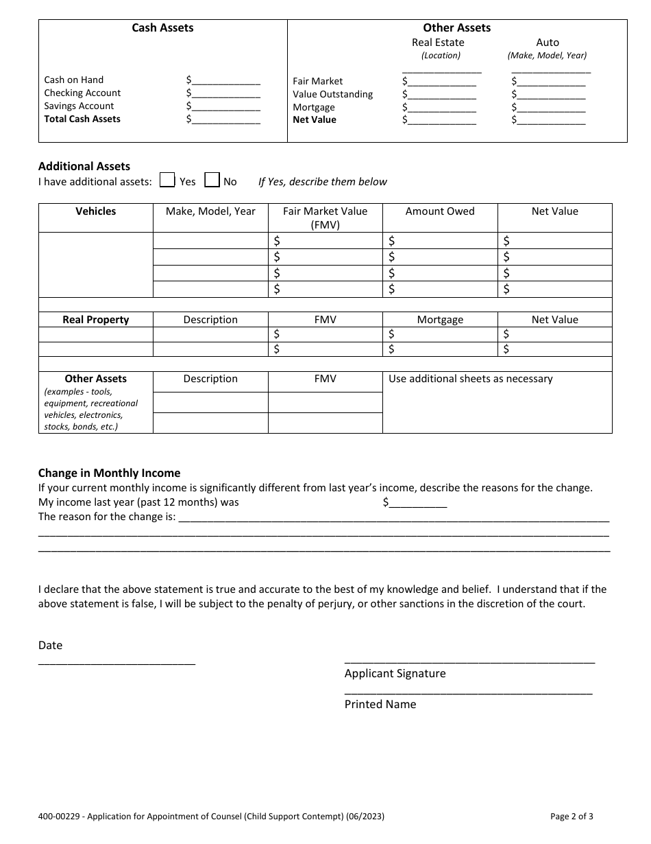 Form 400-00229 Application for Appointment of Counsel (Child Support Contempt) - Vermont, Page 2