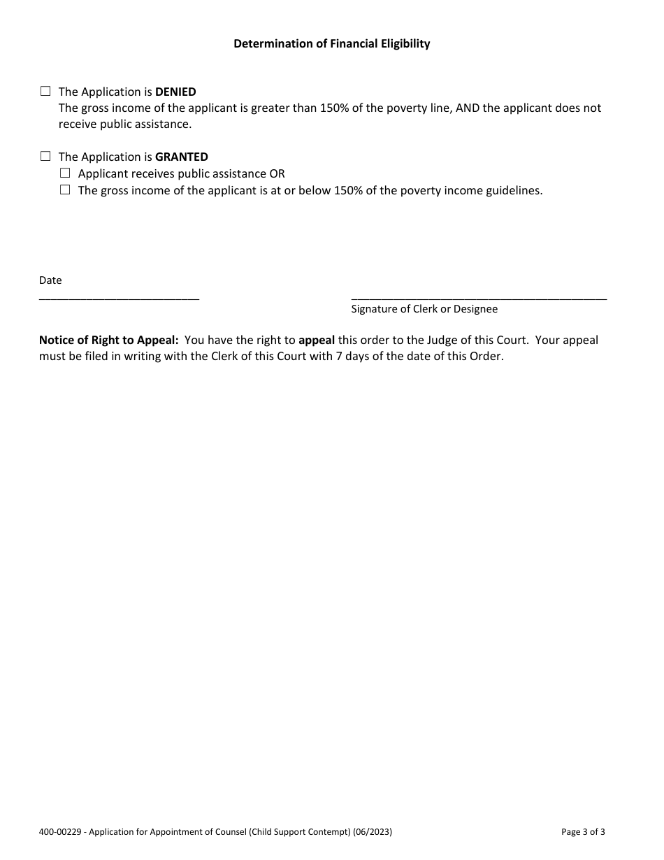 Form 400-00229 Application for Appointment of Counsel (Child Support Contempt) - Vermont, Page 3
