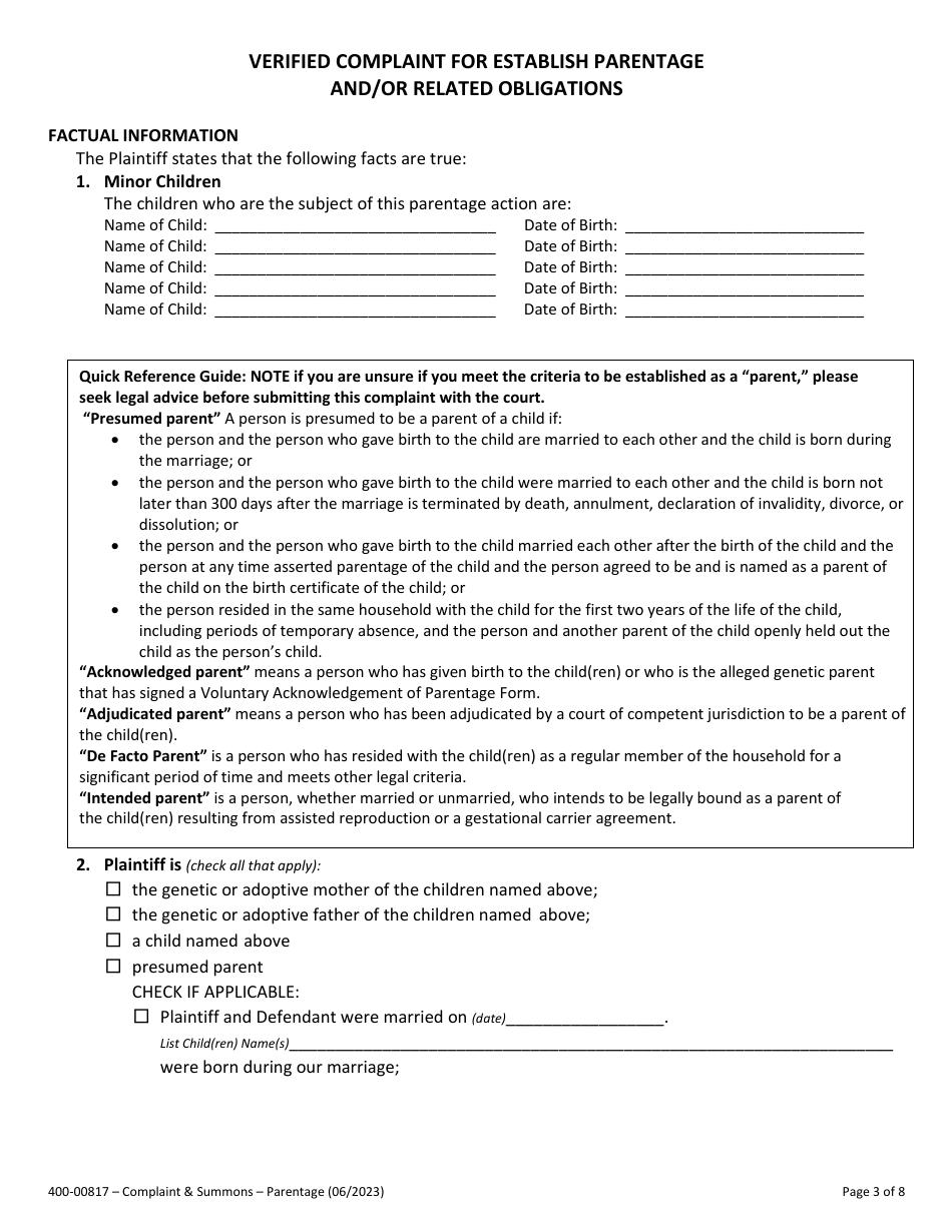 Form 400-00817 Summons and Verified Complaint to Establish Parentage and / or Related Obligations - Vermont, Page 3