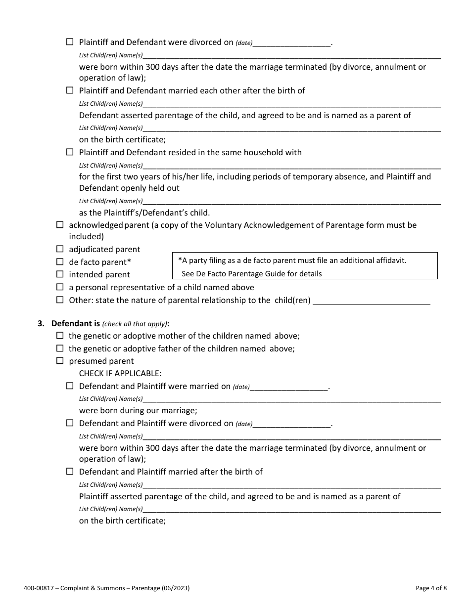 Form 400-00817 Summons and Verified Complaint to Establish Parentage and / or Related Obligations - Vermont, Page 4