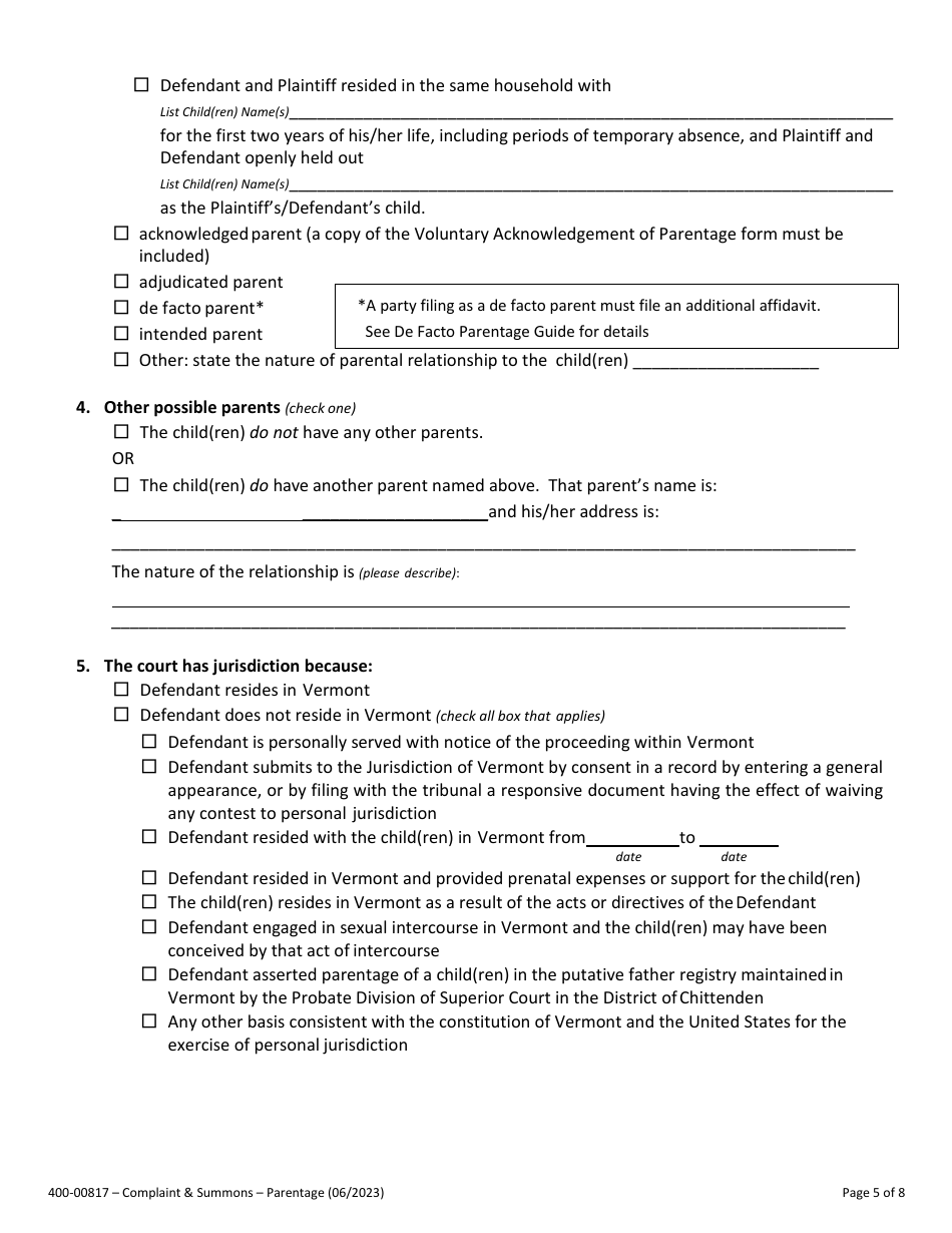 Form 400-00817 Summons and Verified Complaint to Establish Parentage and / or Related Obligations - Vermont, Page 5