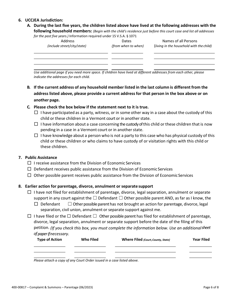 Form 400-00817 Summons and Verified Complaint to Establish Parentage and / or Related Obligations - Vermont, Page 6