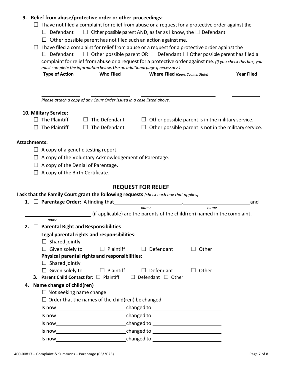 Form 400-00817 Summons and Verified Complaint to Establish Parentage and / or Related Obligations - Vermont, Page 7