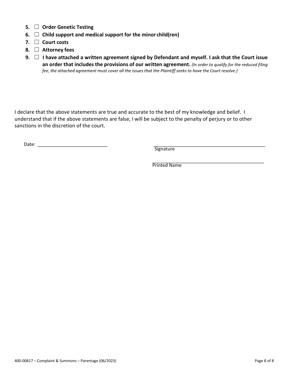 Form 400-00817 Summons and Verified Complaint to Establish Parentage and / or Related Obligations - Vermont, Page 8