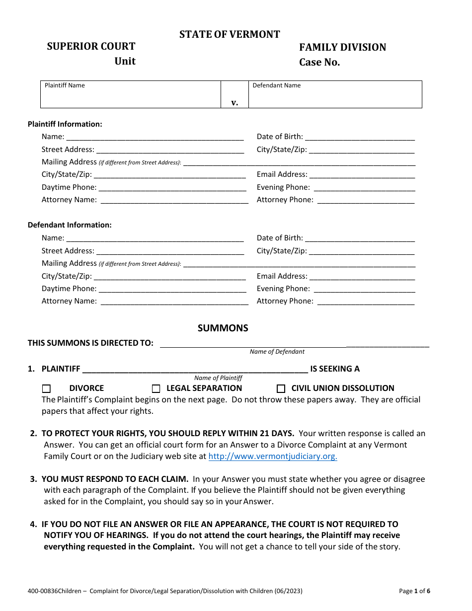 Form 40000836 Download Fillable PDF or Fill Online Complaint for
