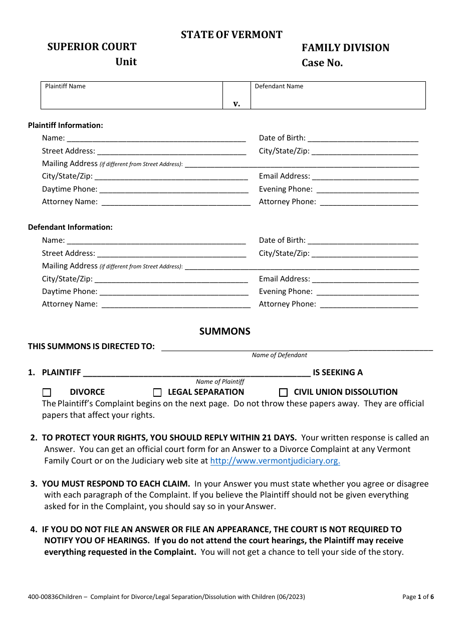 Form 400-00836 Complaint for Divorce / Legal Separation / Dissolution With Children - Vermont, Page 1