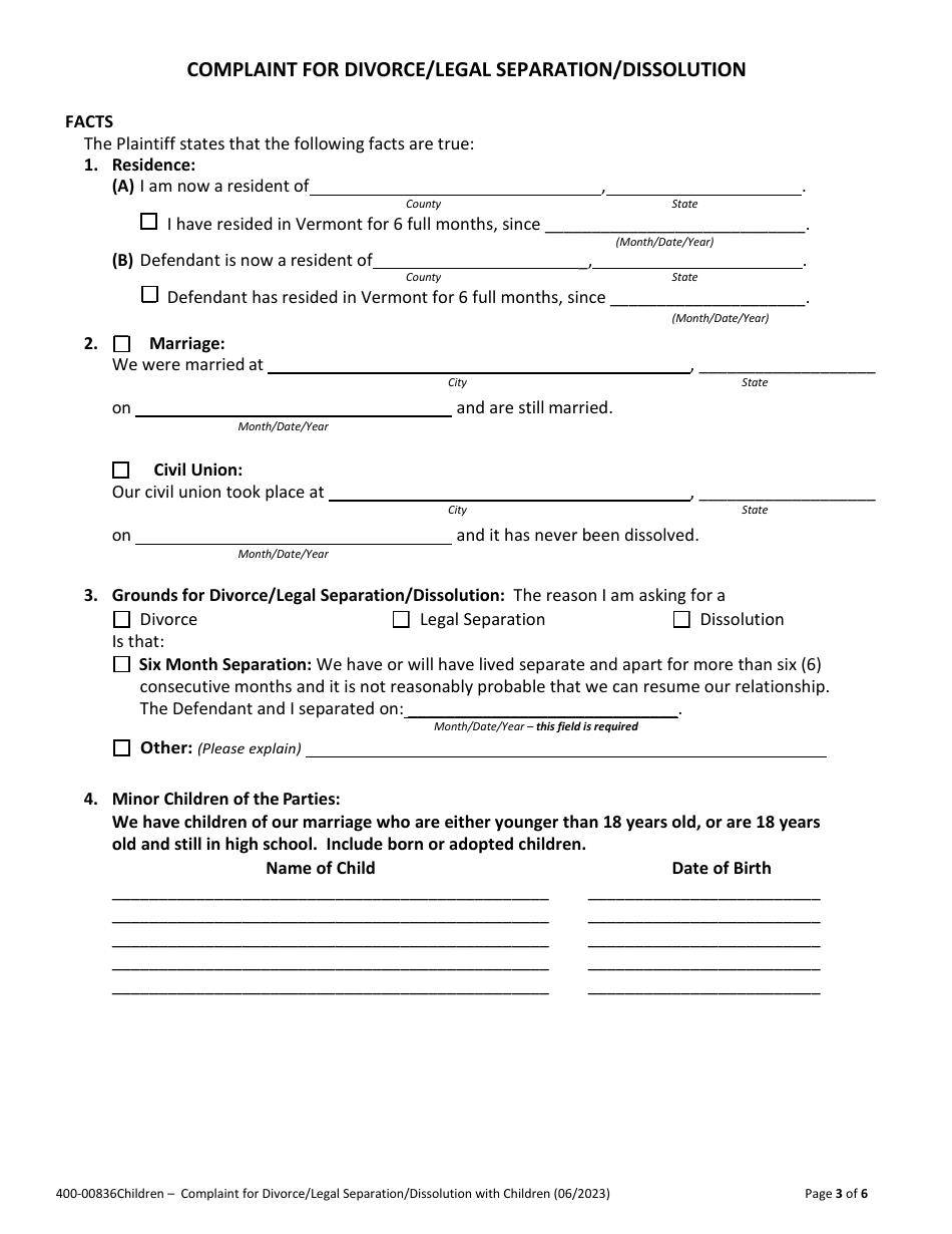 Form 400-00836 Complaint for Divorce / Legal Separation / Dissolution With Children - Vermont, Page 3