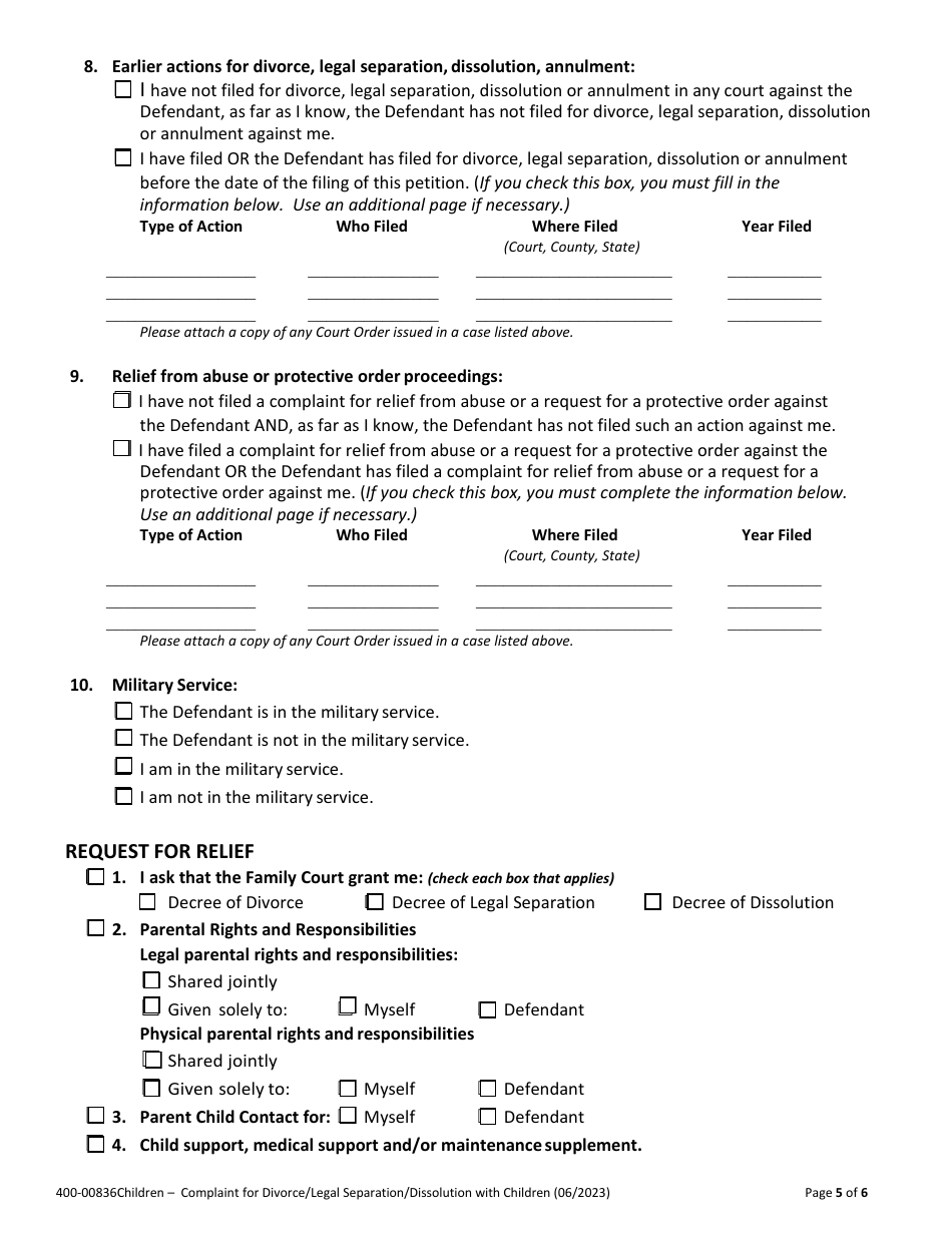 Form 400-00836 Complaint for Divorce / Legal Separation / Dissolution With Children - Vermont, Page 5