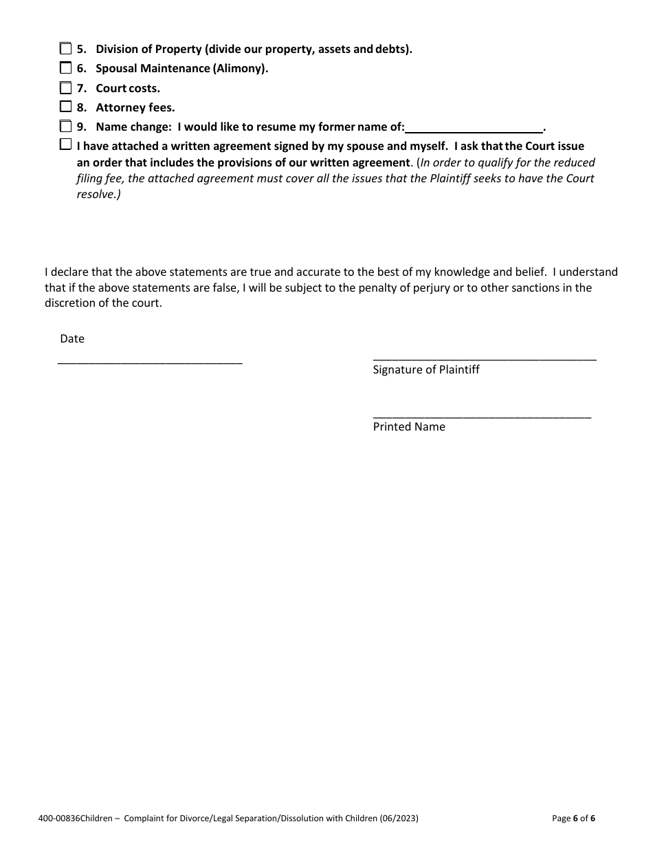 Form 400-00836 Complaint for Divorce / Legal Separation / Dissolution With Children - Vermont, Page 6