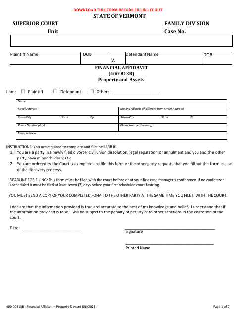 Form 400-813B Financial Affidavit - Property and Assets - Vermont
