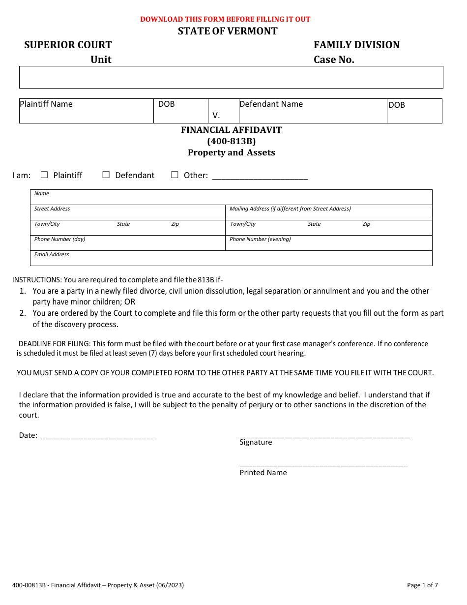 Form 400-813B Financial Affidavit - Property and Assets - Vermont, Page 1