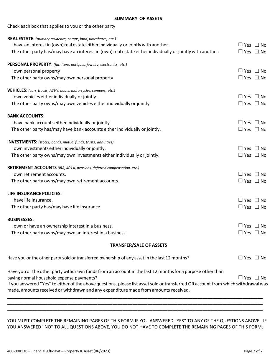 Form 400-813B Financial Affidavit - Property and Assets - Vermont, Page 2