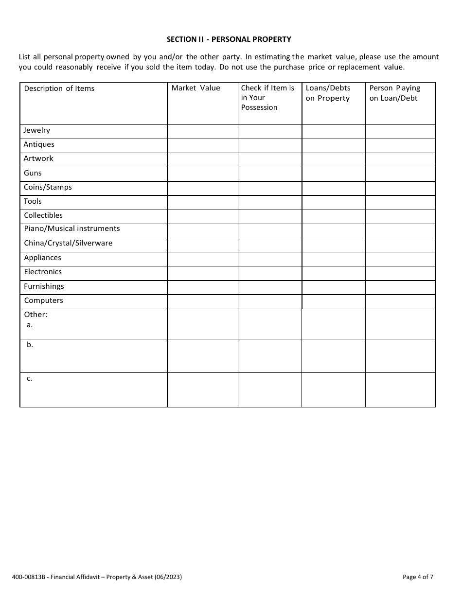 Form 400-813B Financial Affidavit - Property and Assets - Vermont, Page 4