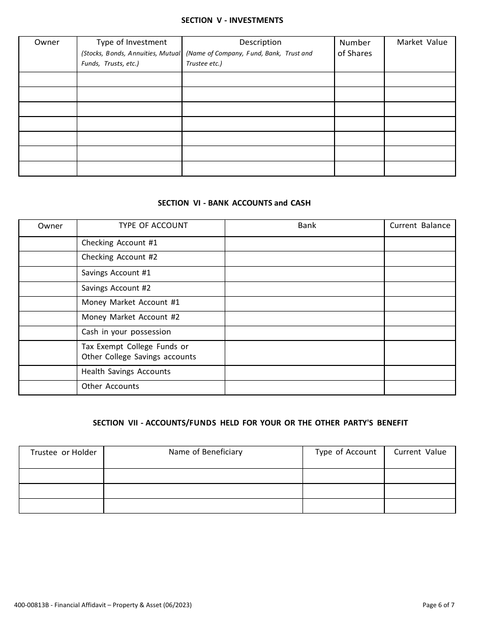 Form 400-813B Financial Affidavit - Property and Assets - Vermont, Page 6