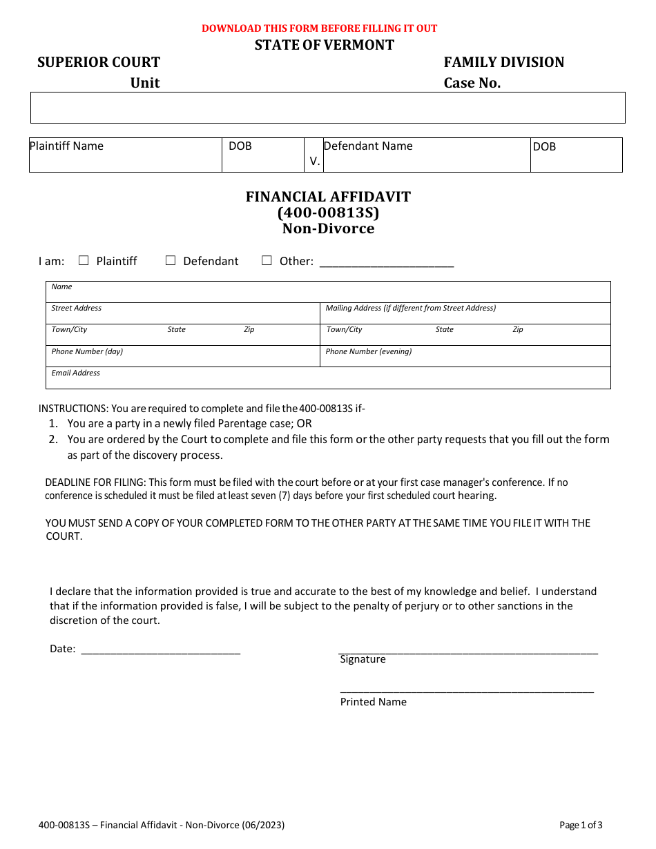 Form 400-00813S Financial Affidavit - Non-divorce - Vermont, Page 1
