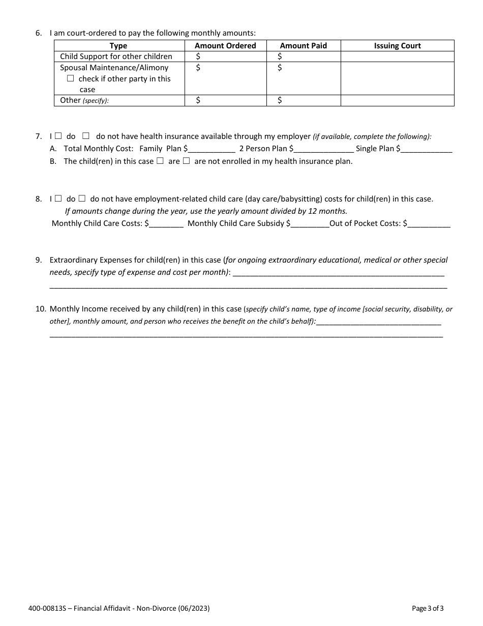 Form 400-00813S Financial Affidavit - Non-divorce - Vermont, Page 3