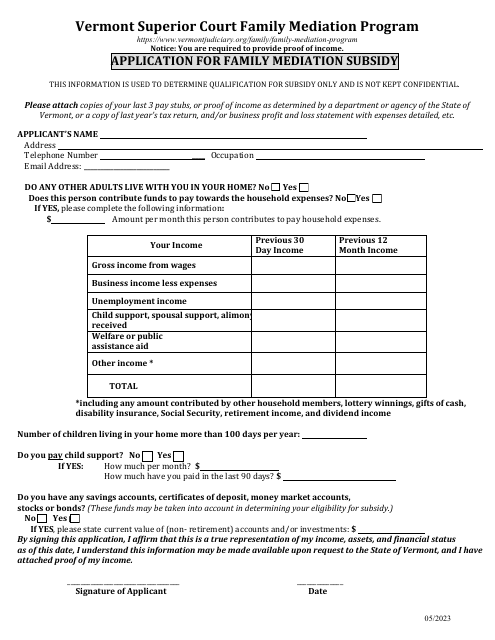 Application for Family Mediation Subsidy - Family Mediation Program - Vermont Download Pdf