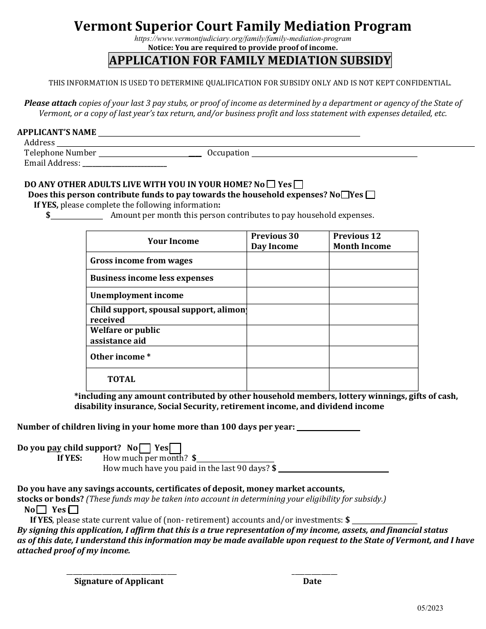 Application for Family Mediation Subsidy - Family Mediation Program - Vermont, Page 1