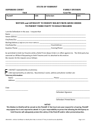 Document preview: Form 400-00155 Motion and Affidavit to Modify Relief From Abuse Order to Permit Third Party to Hold Firearms - Vermont