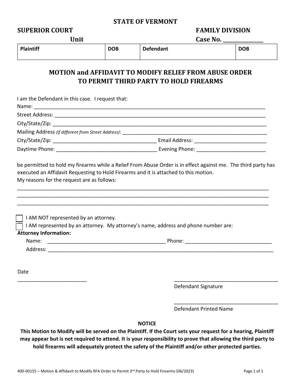 Form 400-00155 Motion and Affidavit to Modify Relief From Abuse Order to Permit Third Party to Hold Firearms - Vermont, Page 1