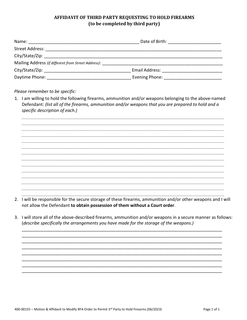 Form 400-00155 Motion and Affidavit to Modify Relief From Abuse Order to Permit Third Party to Hold Firearms - Vermont, Page 2