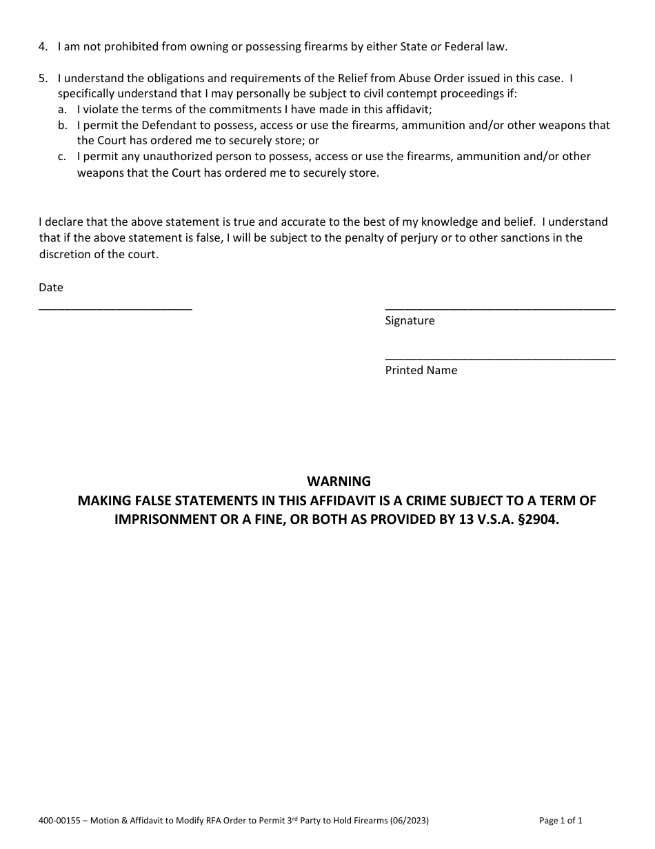 Form 400-00155 Motion and Affidavit to Modify Relief From Abuse Order to Permit Third Party to Hold Firearms - Vermont, Page 3
