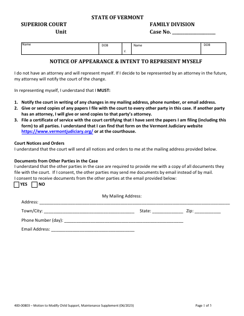 Form 400-00803 Notice of Appearance & Intent to Represent Myself - Vermont