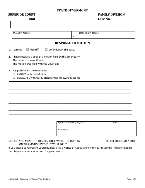 Form 400-00903 Response to Motion - Vermont