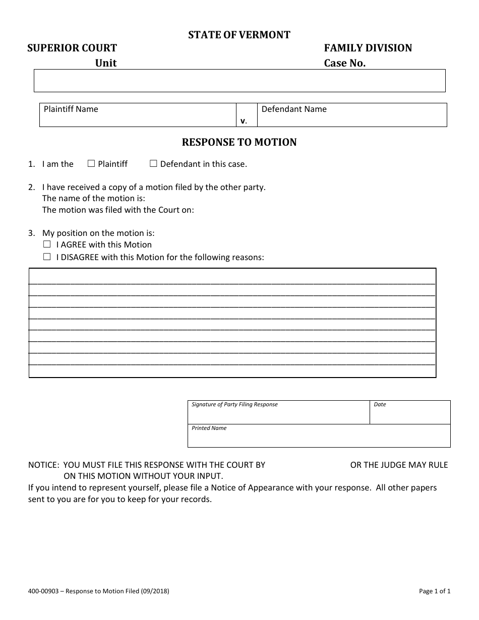 Form 400-00903 Response to Motion - Vermont, Page 1