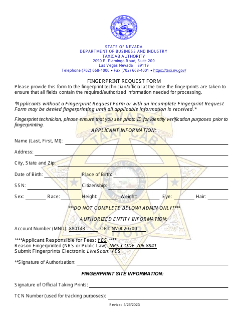 Fingerprint Request Form - Nevada Download Pdf