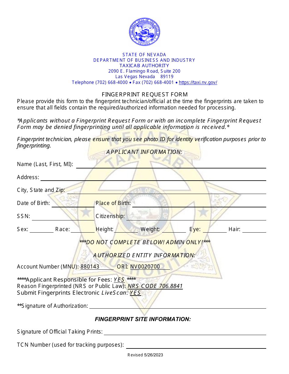 Nevada Fingerprint Request Form Fill Out, Sign Online and Download PDF Templateroller