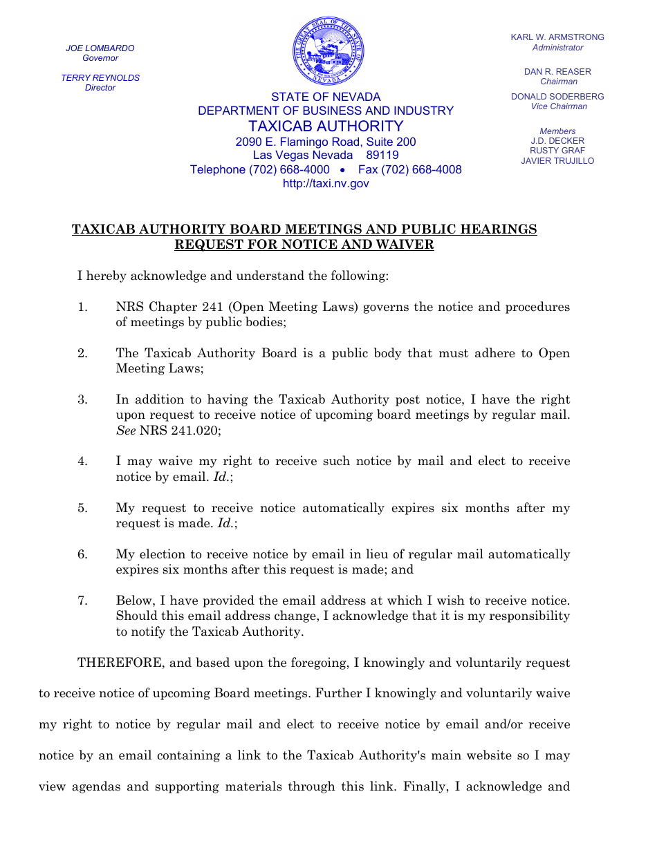 Taxicab Authority Board Meetings and Public Hearings Request for Notice and Waiver - Nevada, Page 1