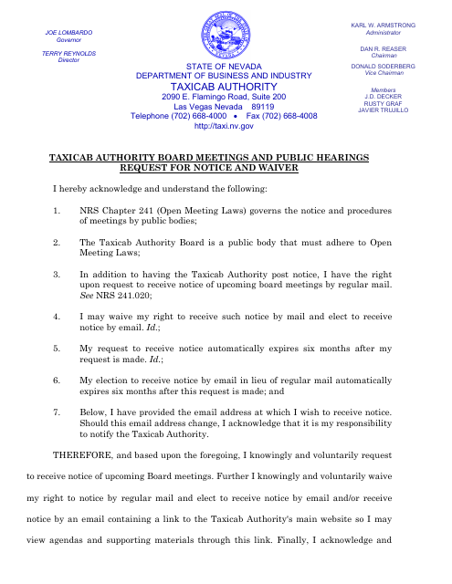 Taxicab Authority Board Meetings and Public Hearings Request for Notice and Waiver - Nevada Download Pdf