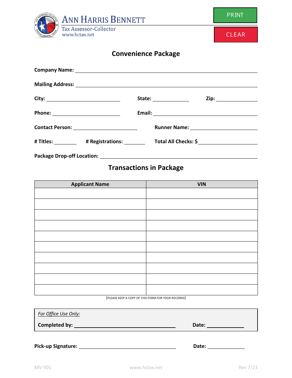 Form MV-501 Convenience Package - Harris County, Texas, Page 1