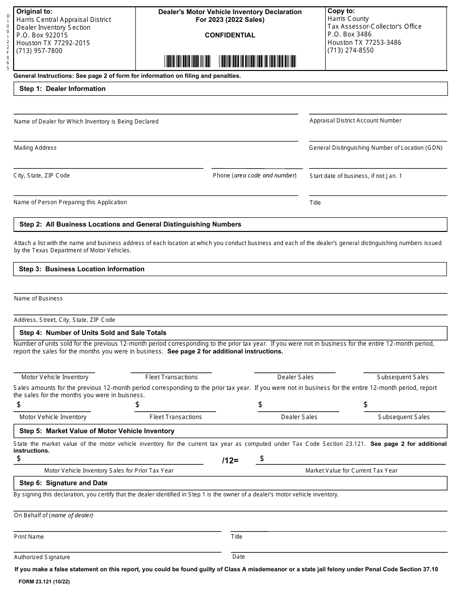 Form 23.121 Dealers Motor Vehicle Inventory Declaration - Harris County, Texas, Page 1