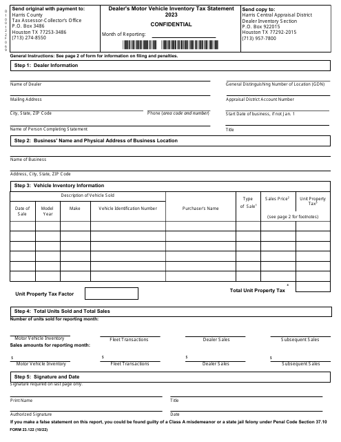 Form 23.122 Dealer's Motor Vehicle Inventory Tax Statement - Harris County, Texas, 2023